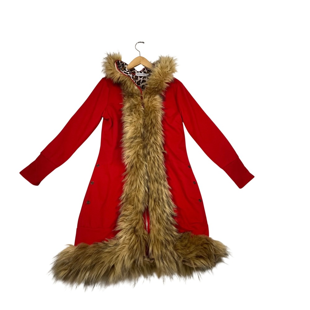 Misslook Red Faux Fur Trim Hooded Parka Jacket Leopard Lining Medium 192282#